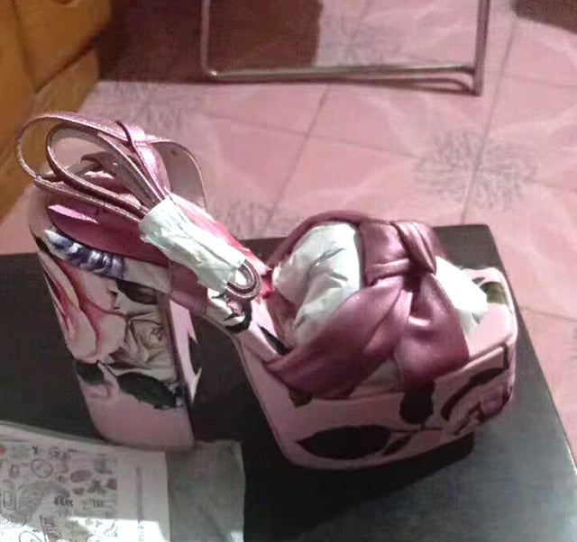 Flower Leather High Platform Chunky High Heels Sandals