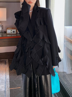 Notched Loose Single Breasted Spliced Ruffles Suit Jacket