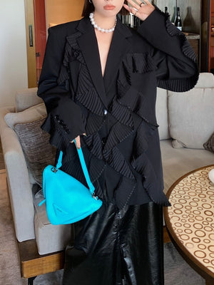 Notched Loose Single Breasted Spliced Ruffles Suit Jacket