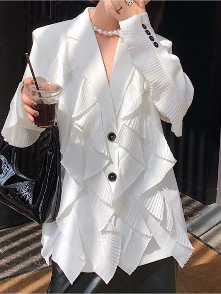 Notched Loose Single Breasted Spliced Ruffles Suit Jacket