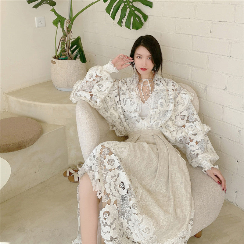 Lace Hollow Two-Piece High-Waist Asymmetric Gorgeous Skirt & Blouse