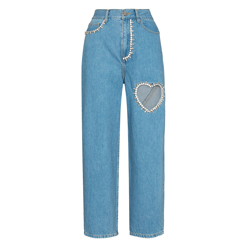 Hollow Out Cotton Denim Light Blue Jeans Ankle-Length