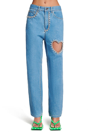 Hollow Out Cotton Denim Light Blue Jeans Ankle-Length