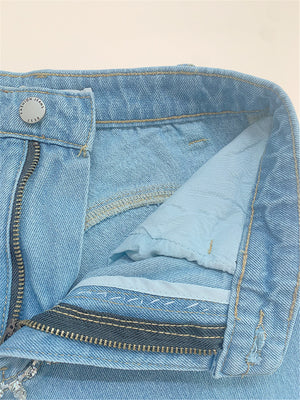 Hollow Out Cotton Denim Light Blue Jeans Ankle-Length
