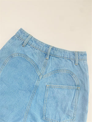Hollow Out Cotton Denim Light Blue Jeans Ankle-Length