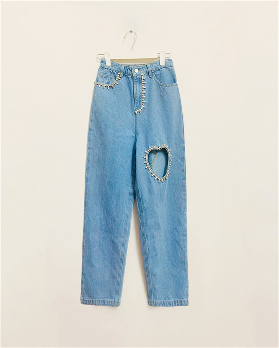 Hollow Out Cotton Denim Light Blue Jeans Ankle-Length