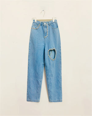 Hollow Out Cotton Denim Light Blue Jeans Ankle-Length