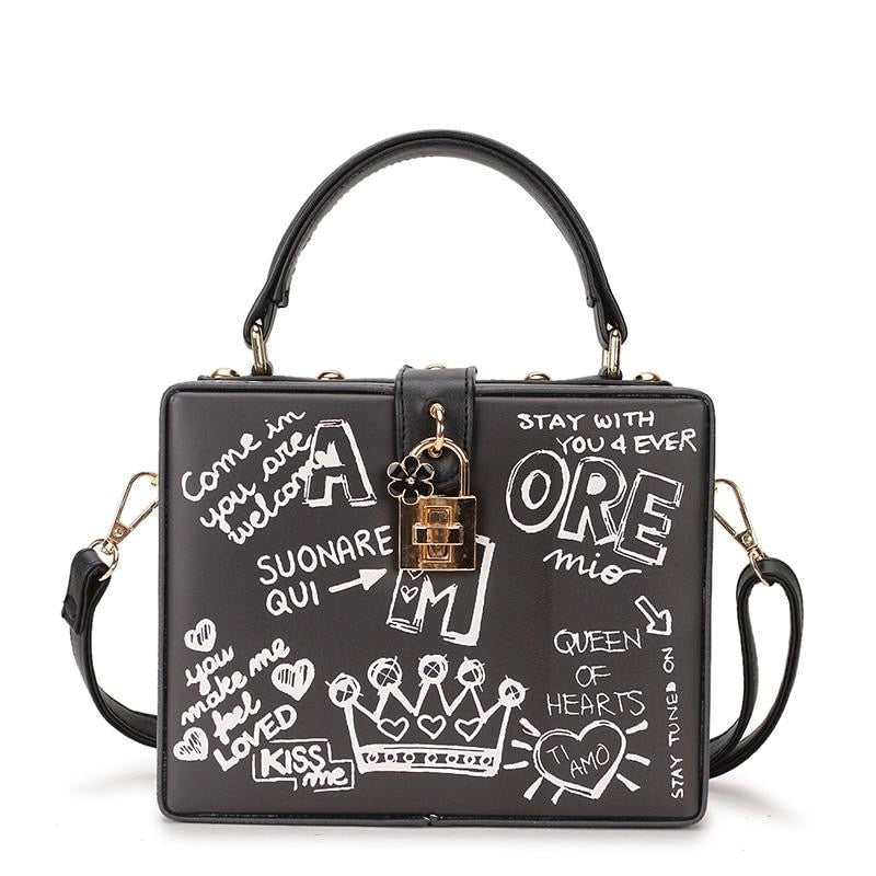 Black & White Graffiti Cartoon PU Leather Messenger Bag
