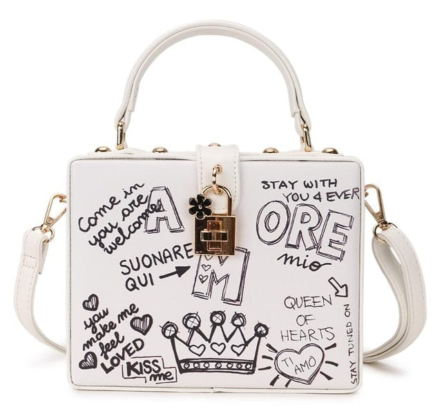 Black & White Graffiti Cartoon PU Leather Messenger Bag