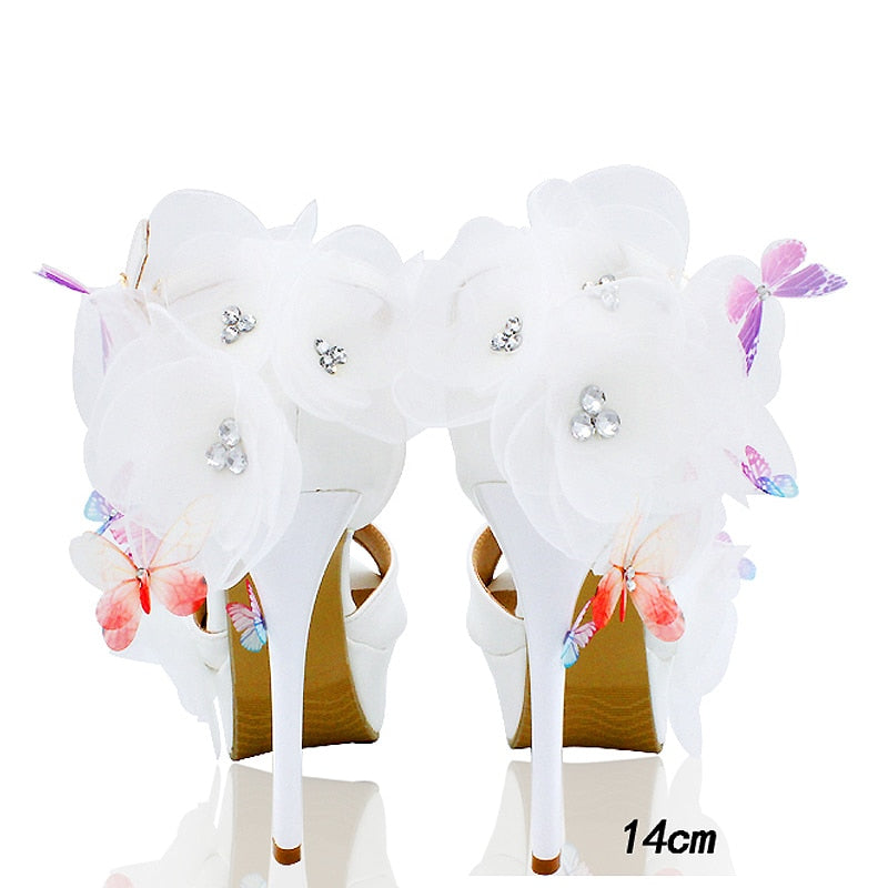 White Flower Butterfly Chrystal Platform Shoe